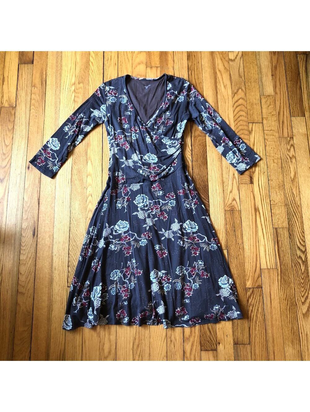 Garnet Hill EUC Women's Brown/Taupe Brianna Tencel Floral Knit Wrap Dress XS